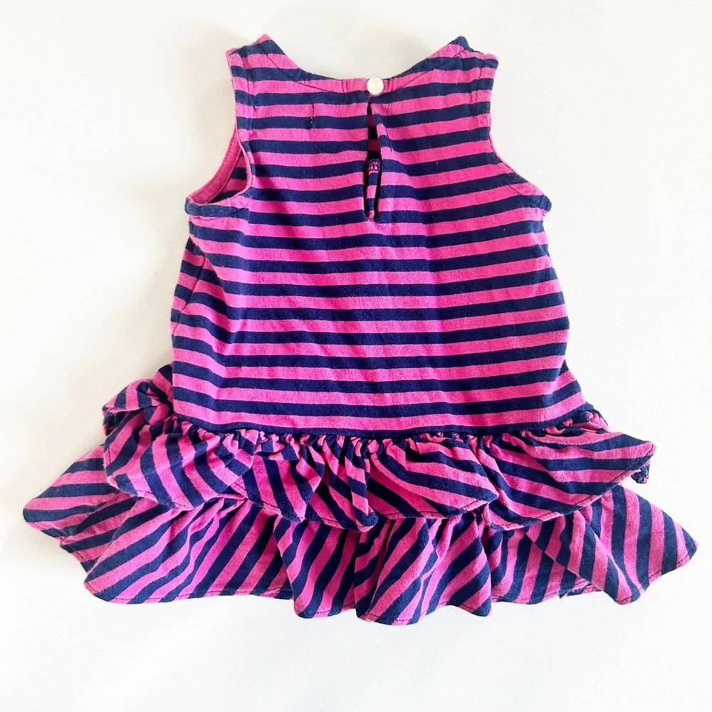 Ralph Lauren Baby Girls Pink Navy Striped Preppy Nautical Ruffle‎ Dress Size 3M